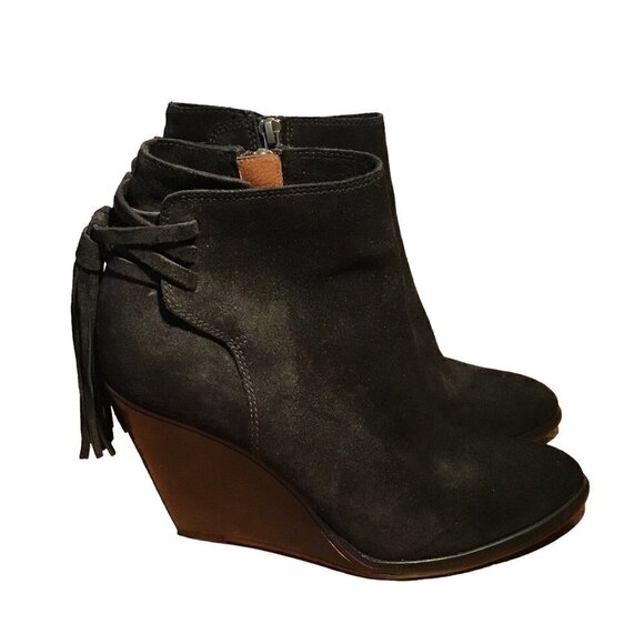 Nwt - FRYE - CeCe Tassel Lace Black Suede Stacked Wedge Heel Booties - Size 7.5M - Picture 2 of 13